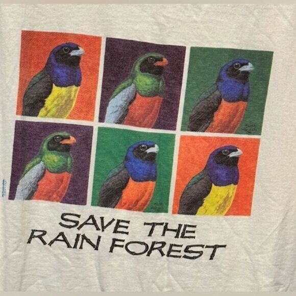 NWOT Hanes Unisex White Graphic Short Sleeve 90s Save the Rain Forest - Size L - Picture 1 of 5